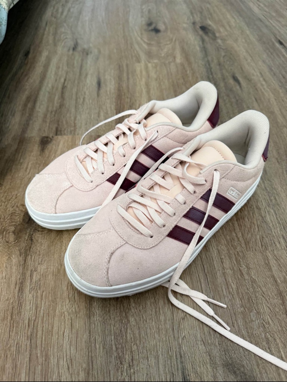 adidas Women's Light Pink Suede Platform Sneakers with Burgundy Stripes - Picture 2 of 2